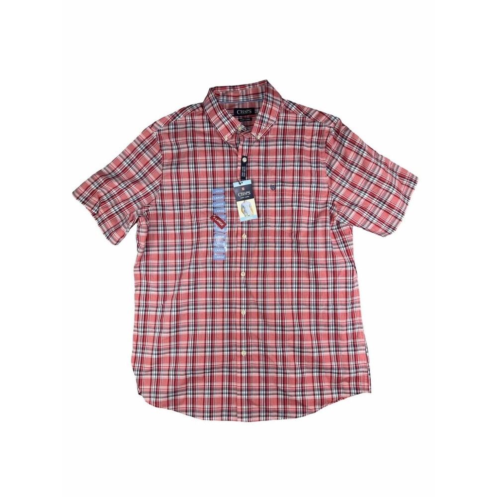 Chaps Easy Care Twill Button Down Shirt Mens Large Red Plaid Short Sleeve NWT